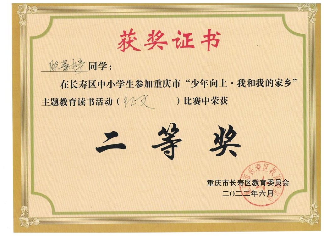 少年至上——重慶市“少年向上·我和我的家鄉”主題讀書活動征文比賽（中學組）二等獎